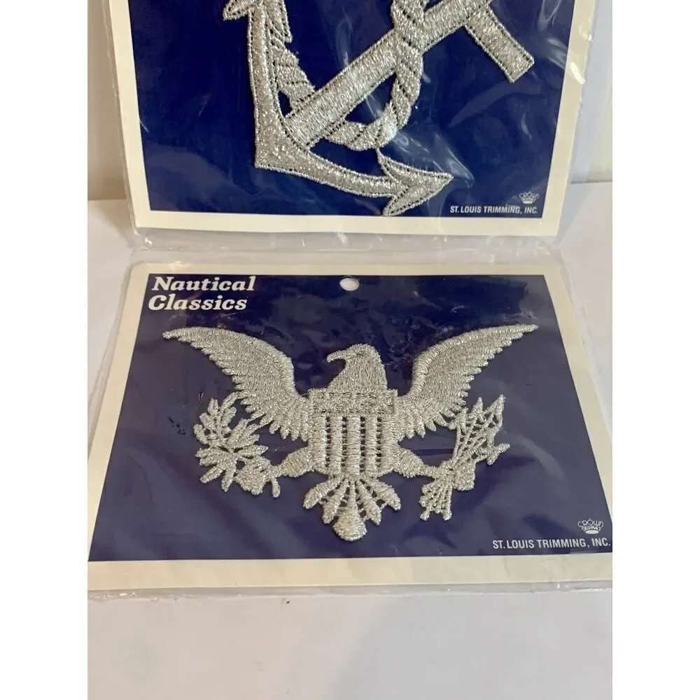 VTG Metallic Anchor Eagle Flag Nautical Silver Applique Sewing St Louis Trimming